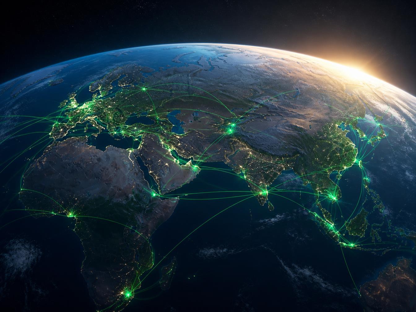 World map at sunrise with glowing trade route connections